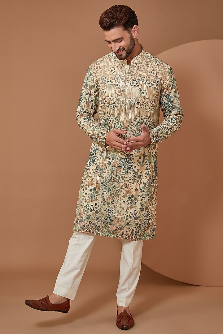 Ivory Georgette Floral Embroidered Kurta Set by Kasbah Clothing