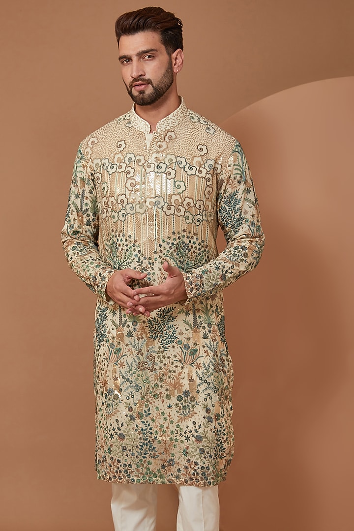 Ivory Georgette Floral Embroidered Kurta Set by Kasbah Clothing at Pernia's Pop Up Shop