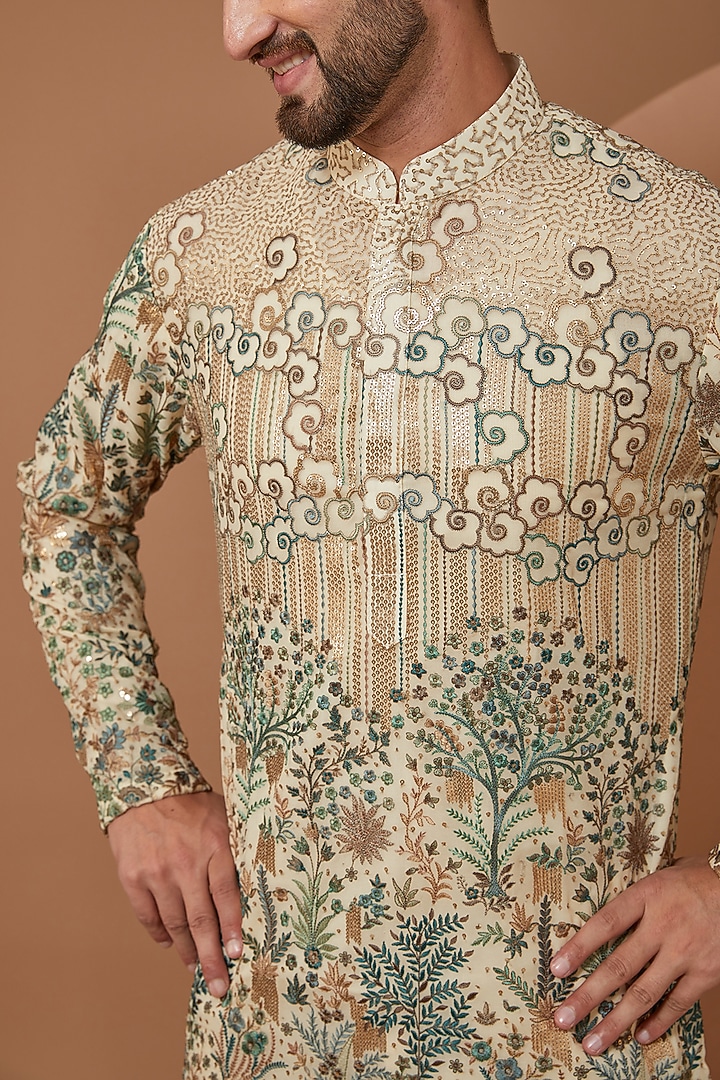 Ivory Georgette Floral Embroidered Kurta Set by Kasbah Clothing at Pernia's Pop Up Shop