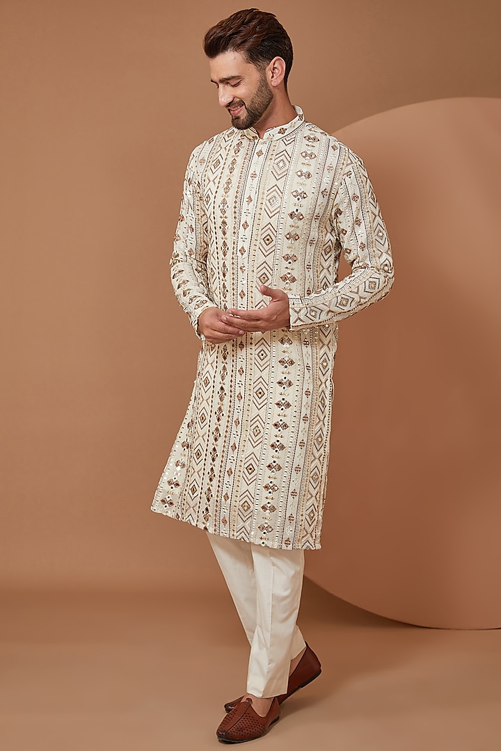 White Georgette Mirror Embroidered Kurta Set by Kasbah Clothing