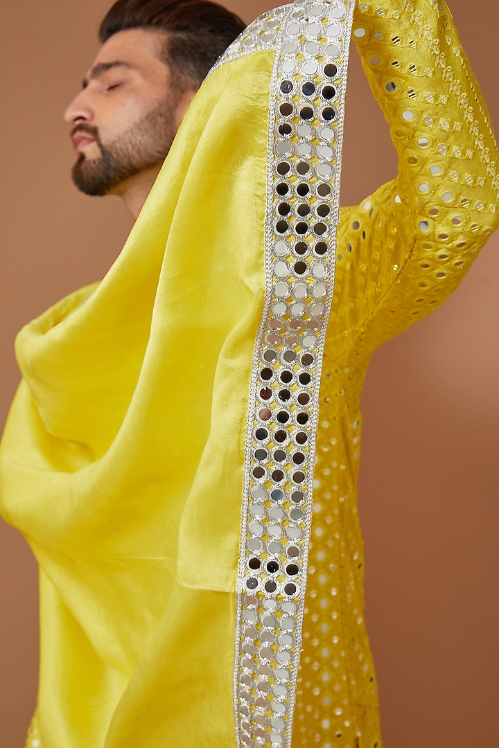 Yellow Silk Mirror Embroidered Kurta Set by Kasbah Clothing at Pernia's Pop Up Shop