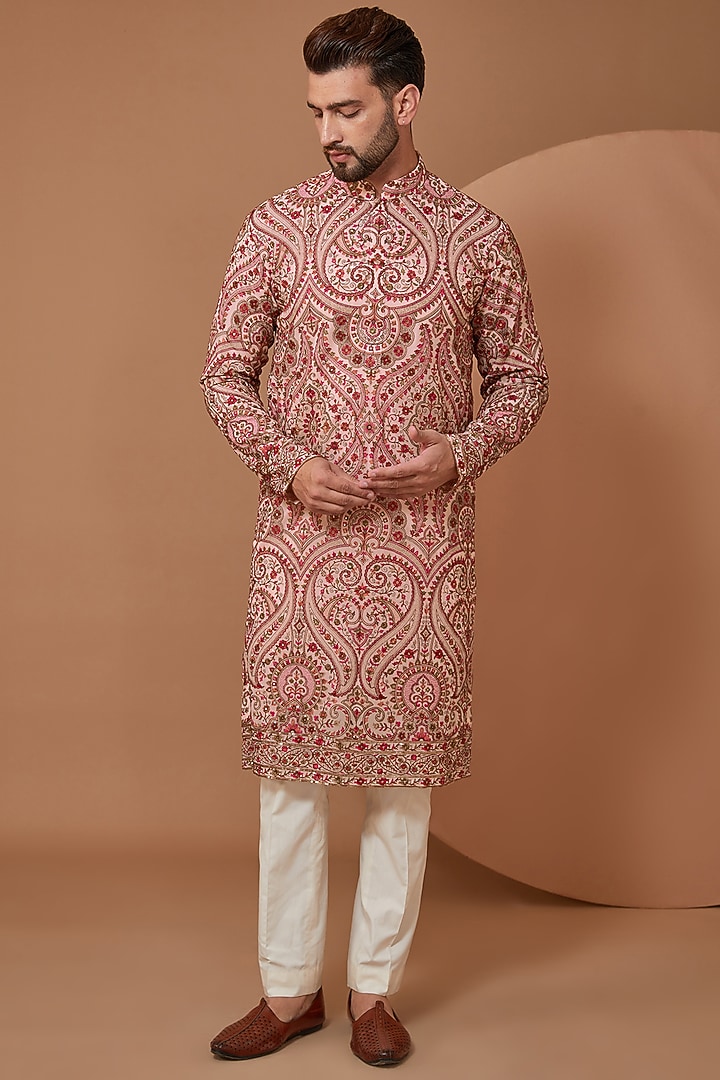 Light Pink Georgette Kashmiri Embroidered Kurta Set by Kasbah Clothing at Pernia's Pop Up Shop