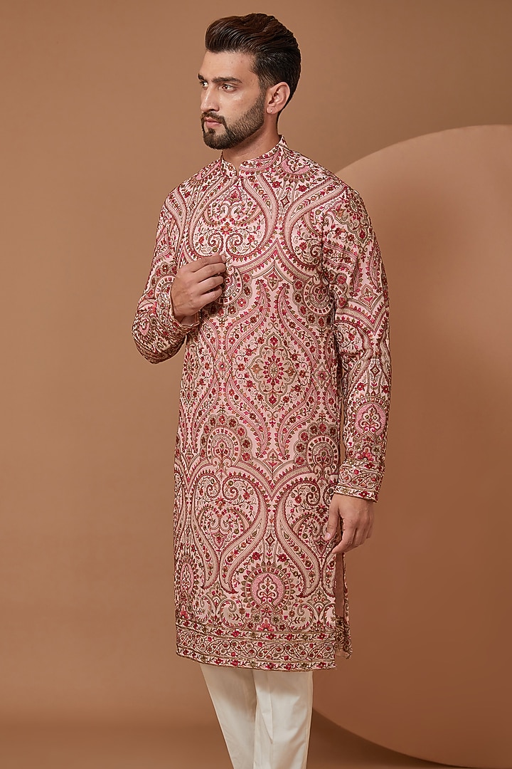 Light Pink Georgette Kashmiri Embroidered Kurta Set by Kasbah Clothing at Pernia's Pop Up Shop
