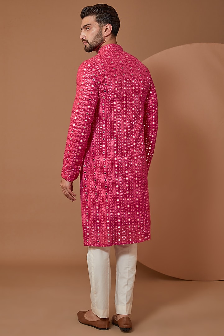 Hot Pink Georgette Thread Embroidered Kurta Set by Kasbah Clothing at Pernia's Pop Up Shop