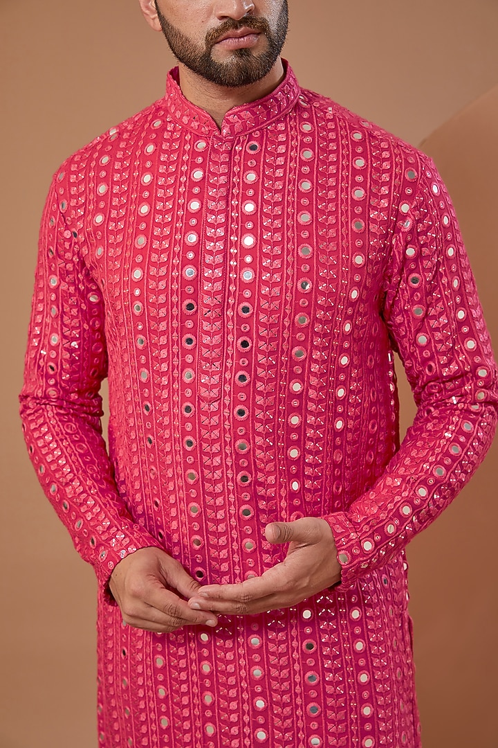 Hot Pink Georgette Thread Embroidered Kurta Set by Kasbah Clothing at Pernia's Pop Up Shop