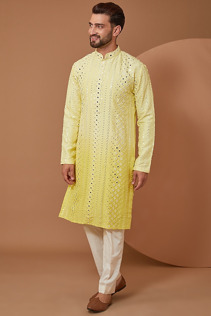 Yellow Ombre Silk Mirror Embroidered Kurta Set by Kasbah Clothing