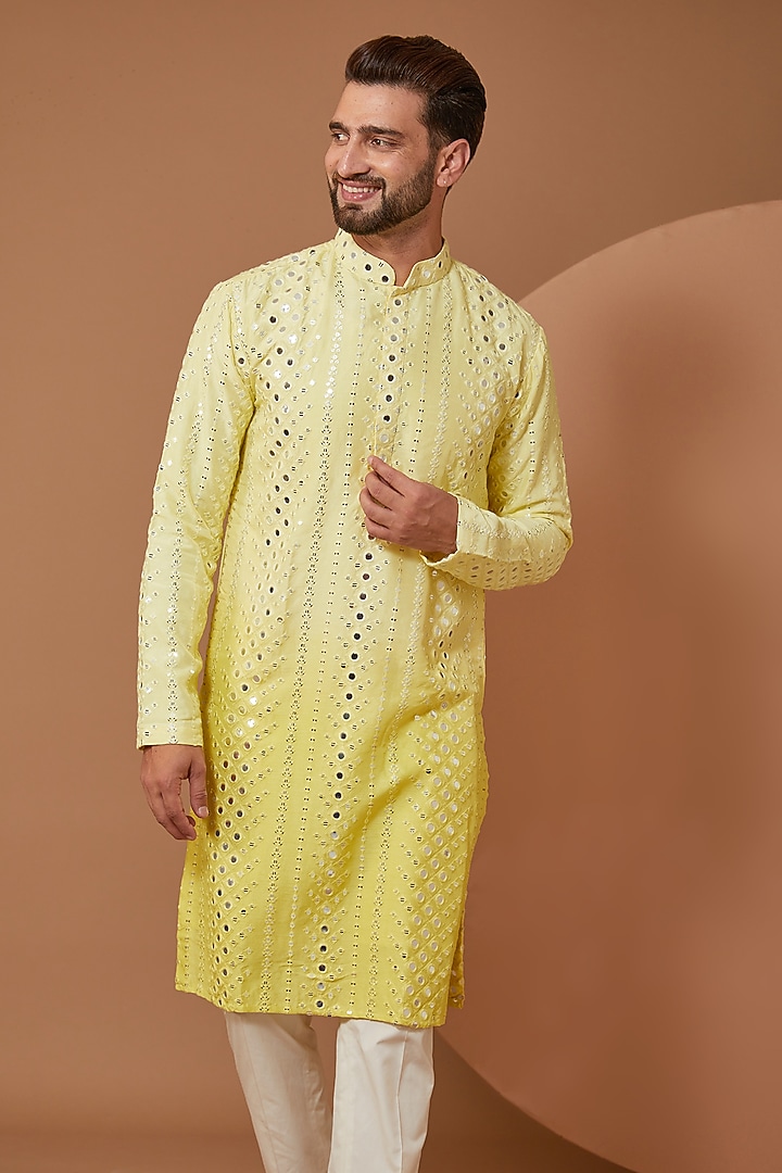 Yellow Ombre Silk Mirror Embroidered Kurta Set by Kasbah Clothing at Pernia's Pop Up Shop
