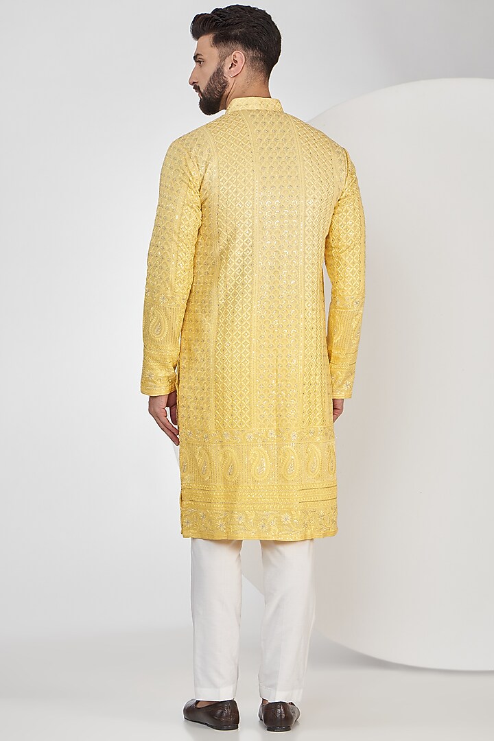 Light Yellow Ombre Georgette Sequins Embroidered Chikankari Kurta by Kasbah Clothing at Pernia's Pop Up Shop