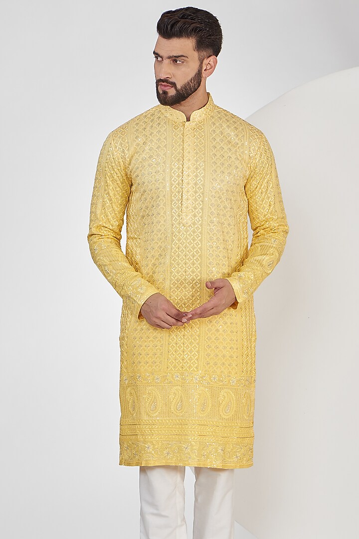 Light Yellow Ombre Georgette Sequins Embroidered Chikankari Kurta by Kasbah Clothing at Pernia's Pop Up Shop