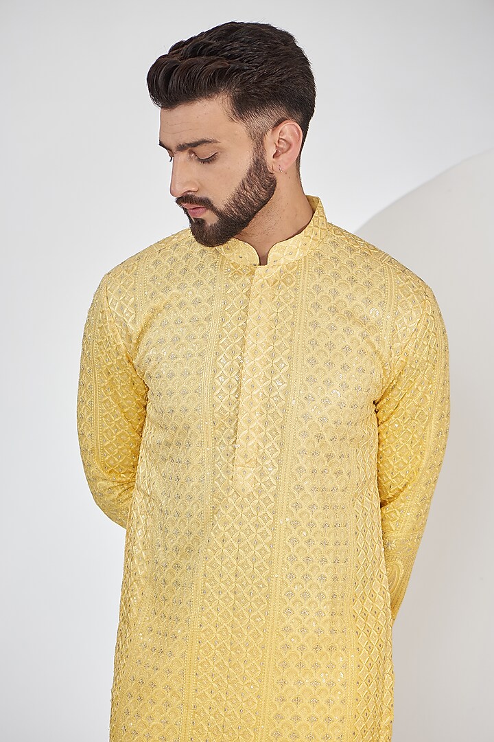 Light Yellow Ombre Georgette Sequins Embroidered Chikankari Kurta by Kasbah Clothing at Pernia's Pop Up Shop