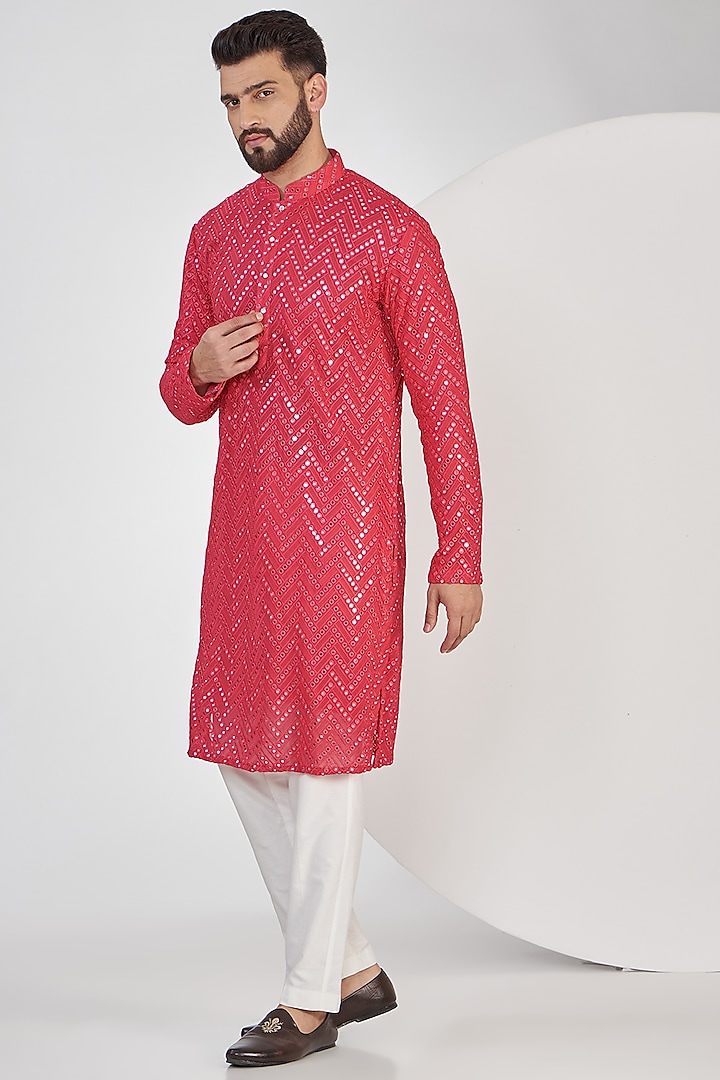 Hot Pink Georgette Mirror Embroidered Kurta by Kasbah Clothing