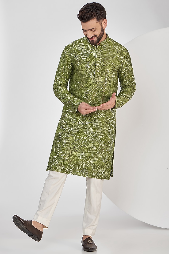 Mehendi Green Silk Thread Embroidered Kurta by Kasbah Clothing at Pernia's Pop Up Shop