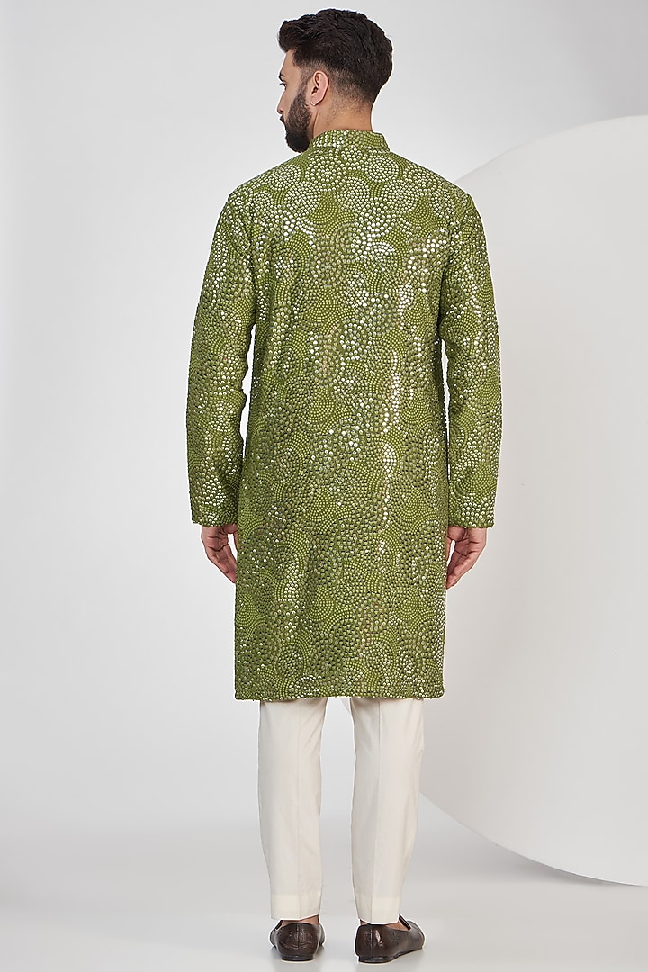 Mehendi Green Silk Thread Embroidered Kurta by Kasbah Clothing at Pernia's Pop Up Shop