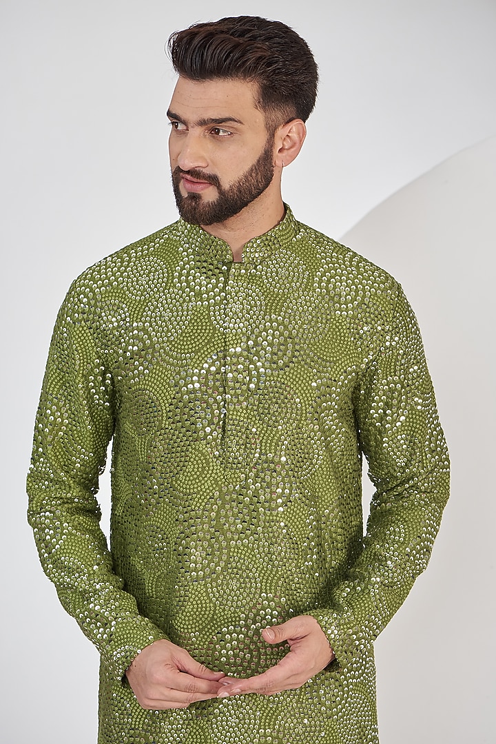 Mehendi Green Silk Thread Embroidered Kurta by Kasbah Clothing at Pernia's Pop Up Shop