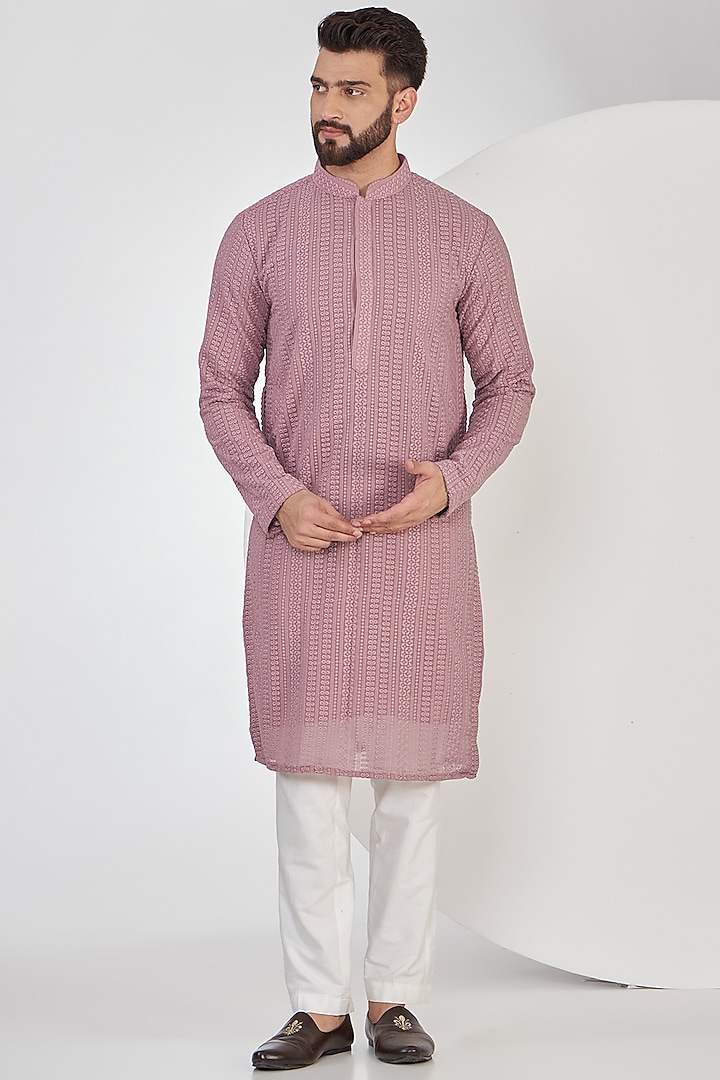 Mauve Georgette Chikankari Thread Embroidered Kurta by Kasbah Clothing