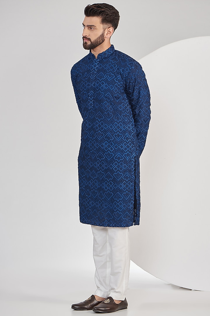 Bright Navy Blue Georgette Thread Embroidered Kurta by Kasbah Clothing