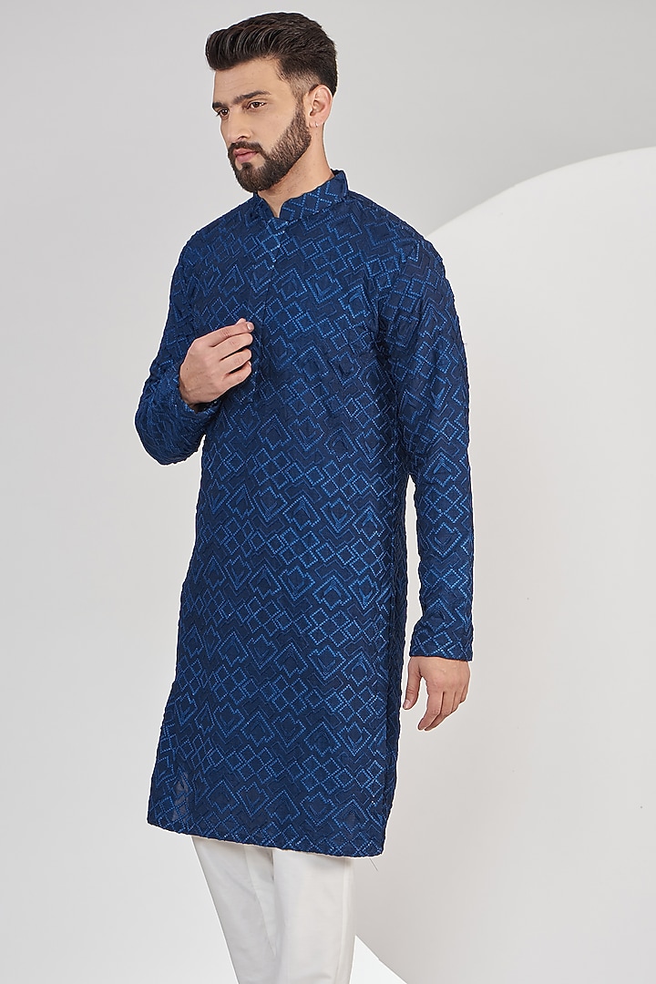 Bright Navy Blue Georgette Thread Embroidered Kurta by Kasbah Clothing at Pernia's Pop Up Shop