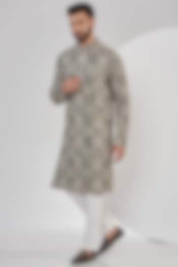 Grey & White Georgette Printed & Embroidered Kurta by Kasbah Clothing