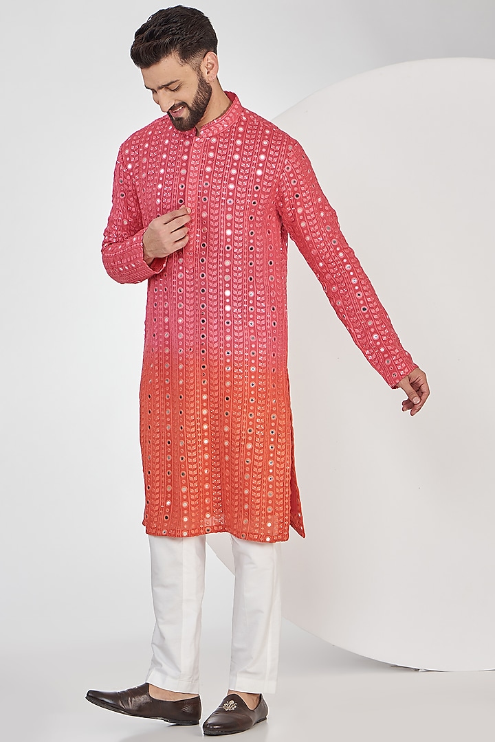Pink & Orange Ombre Georgette Mirror Embroidered Kurta by Kasbah Clothing