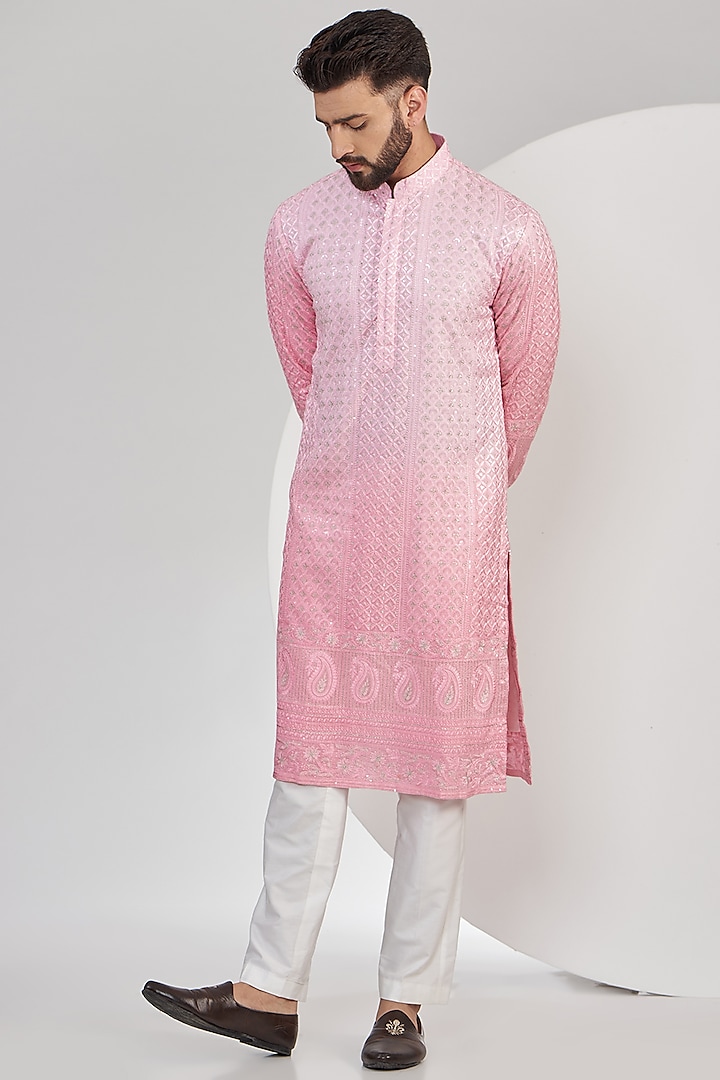 Light Pink Ombre Georgette Sequins Embroidered Chikankari Kurta by Kasbah Clothing