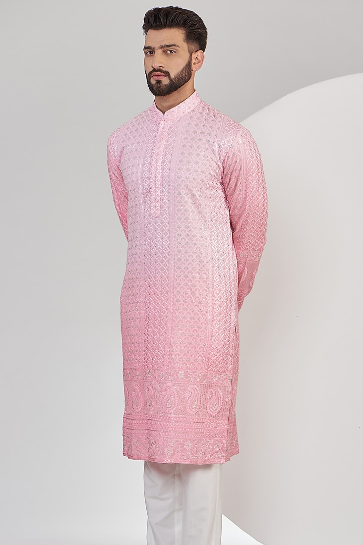 Light Pink Georgette Sequins Embroidered Ombre Kurta by Kasbah Clothing at Pernia's Pop Up Shop
