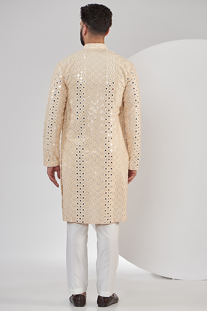 Light Beige Silk Mirror Embroidered Kurta by Kasbah Clothing at Pernia's Pop Up Shop