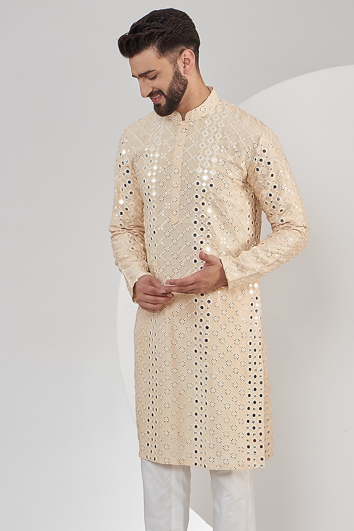Light Beige Silk Mirror Embroidered Kurta by Kasbah Clothing at Pernia's Pop Up Shop