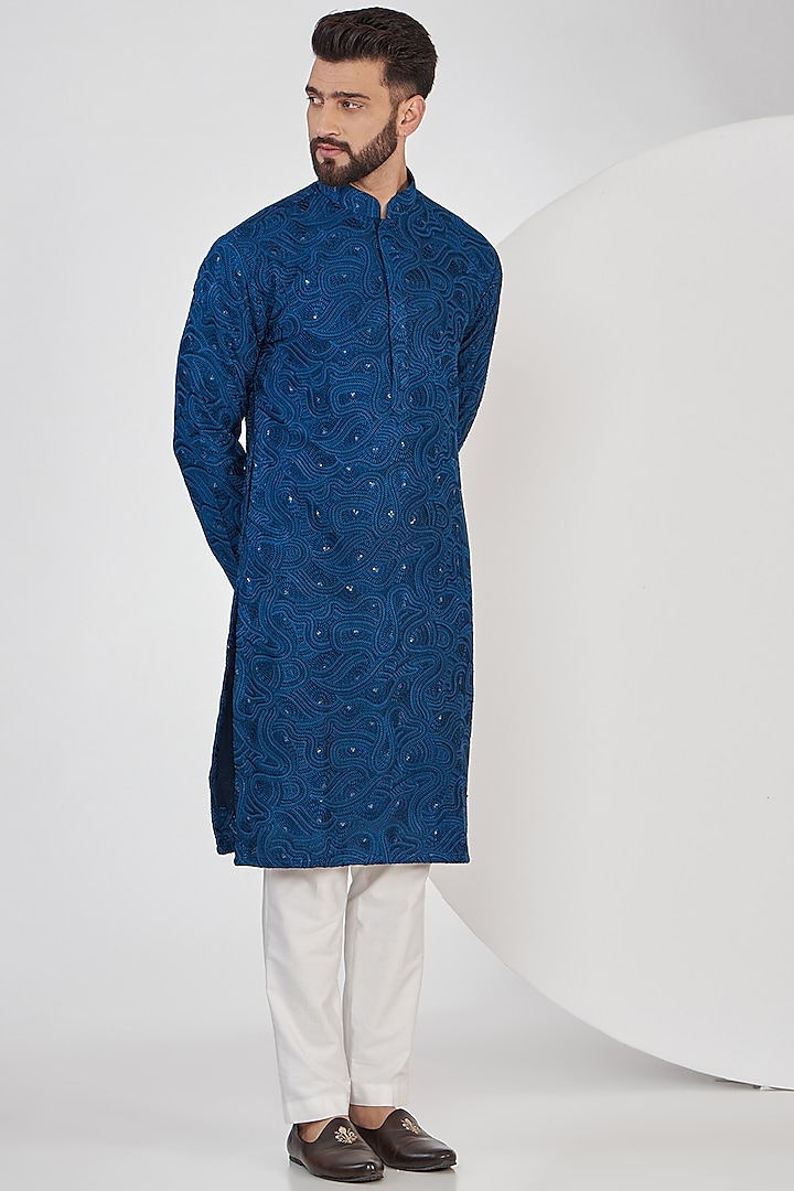 Bright Navy Blue Silk Chikankari Kurta by Kasbah Clothing