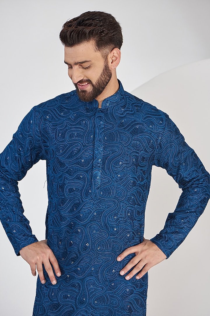 Bright Navy Blue Silk Chikankari Kurta by Kasbah Clothing at Pernia's Pop Up Shop