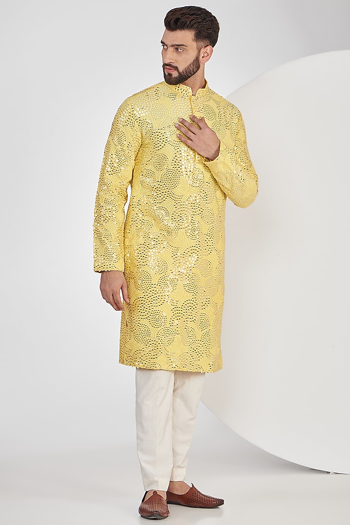 Yellow Silk Sequins Embroidered Kurta by Kasbah Clothing