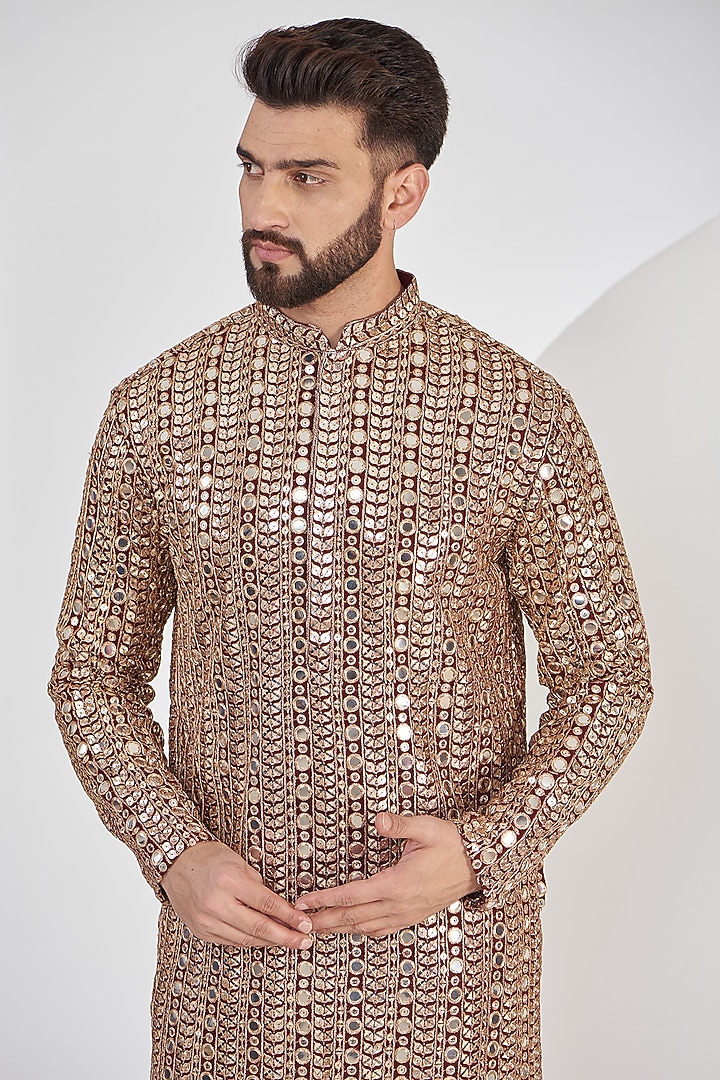 Maroon Georgette Mirror Embroidered Kurta by Kasbah Clothing at Pernia's Pop Up Shop