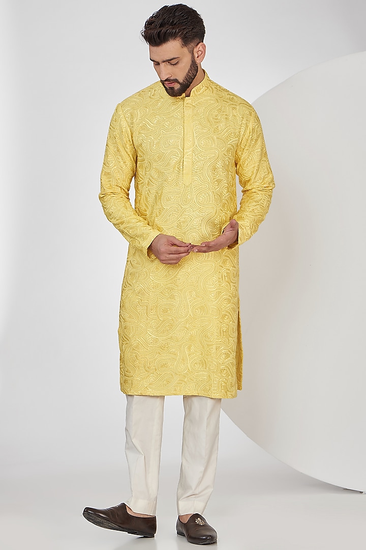 Yellow Silk Thread Embroidered Chikankari Kurta by Kasbah Clothing