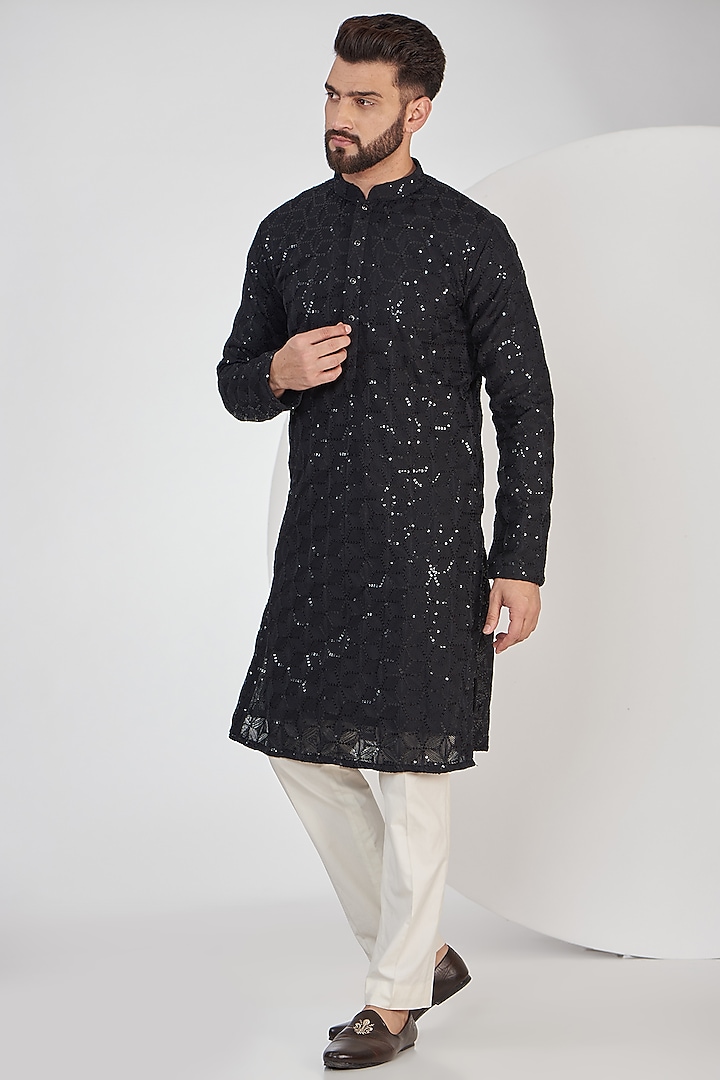 Black Georgette Sequins Embroidered Chikankari Kurta by Kasbah Clothing