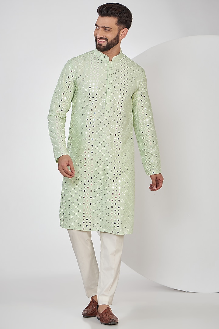 Pastel Green Silk Mirror Embroidered Kurta by Kasbah Clothing