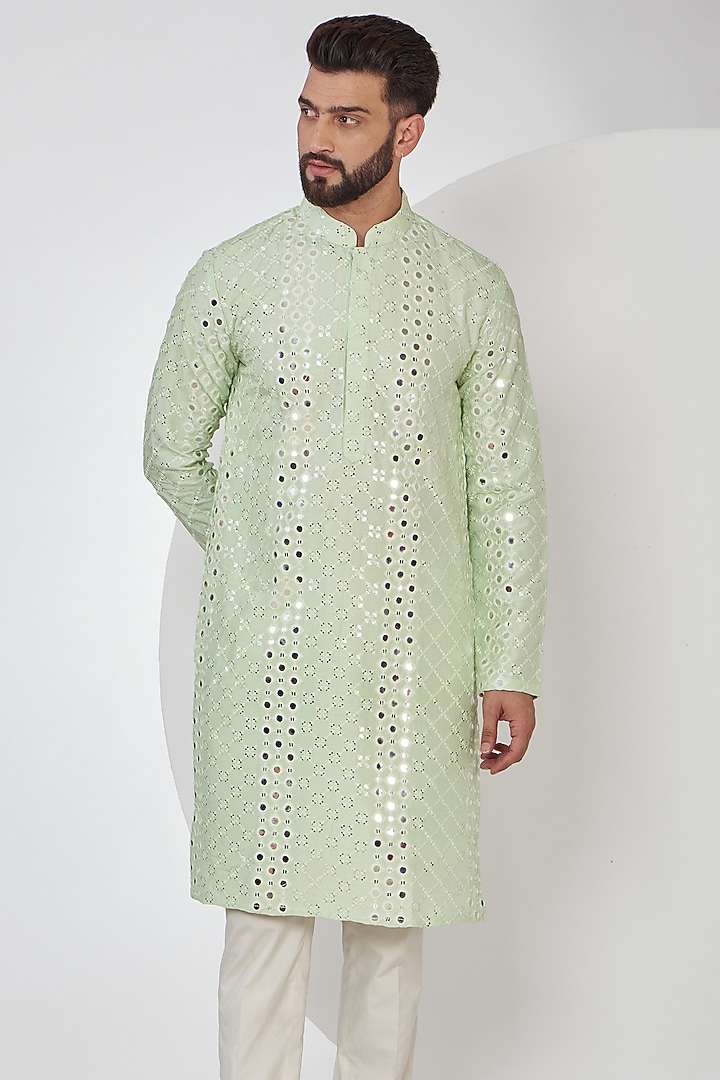 Pastel Green Silk Mirror Embroidered Kurta by Kasbah Clothing at Pernia's Pop Up Shop