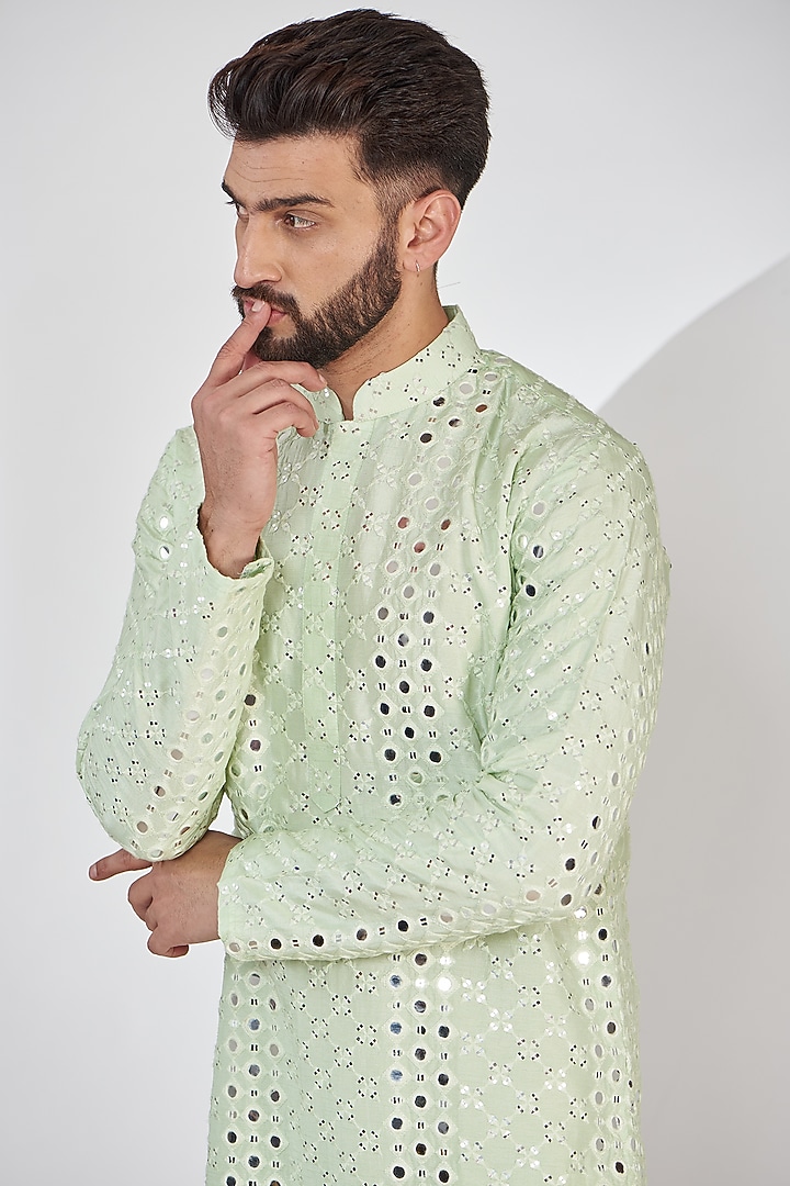 Pastel Green Silk Mirror Embroidered Kurta by Kasbah Clothing at Pernia's Pop Up Shop