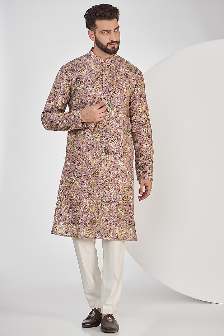 Purple & Yellow Georgette Printed & Embroidered Kurta by Kasbah Clothing
