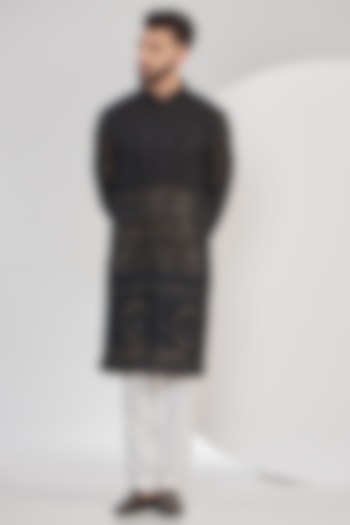 Black Georgette Embroidered Chikankari Kurta by Kasbah Clothing