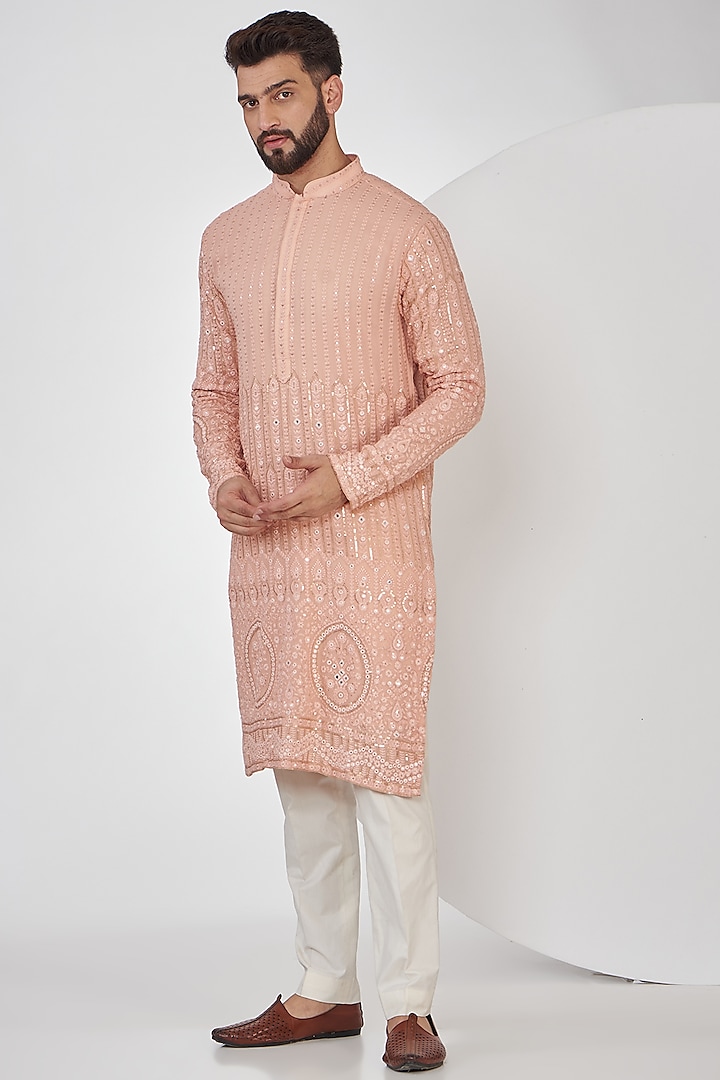 Peach Georgette Embroidered Chikankari Kurta by Kasbah Clothing