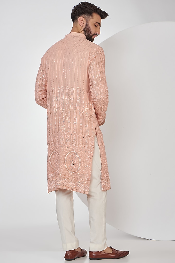 Peach Georgette Embroidered Chikankari Kurta by Kasbah Clothing at Pernia's Pop Up Shop