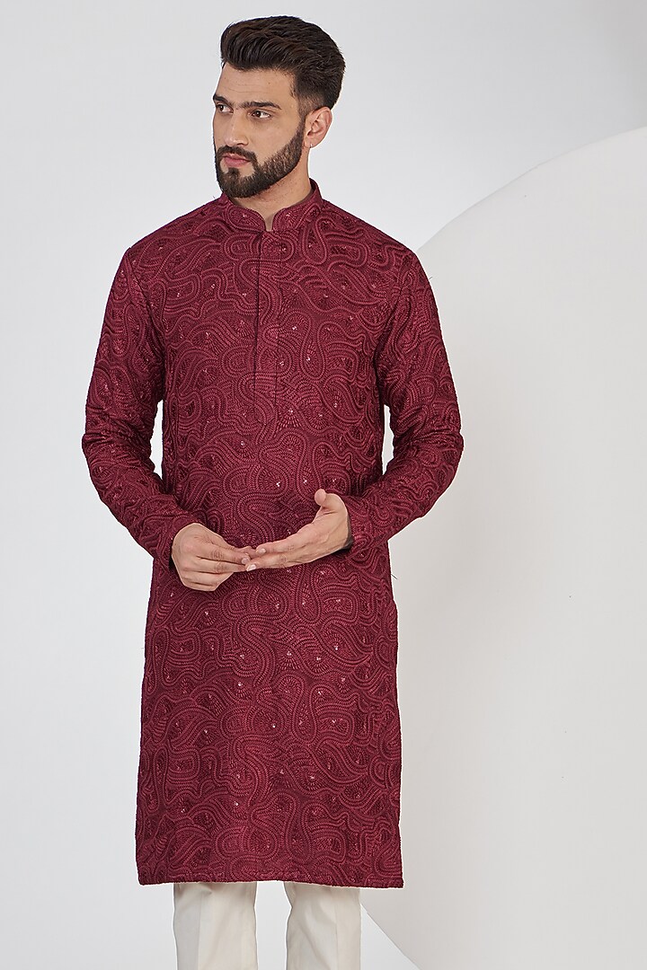 Maroon Silk Sequins Embroidered Kurta by Kasbah Clothing at Pernia's Pop Up Shop