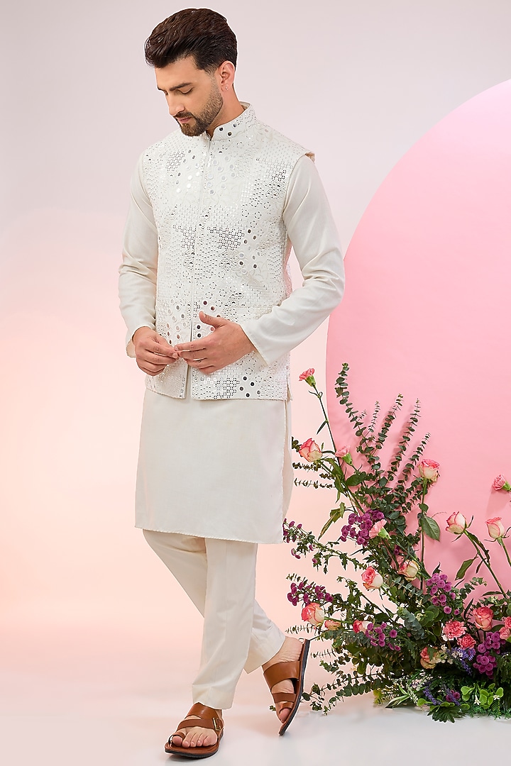 White Silk Mirror Work Nehru Jacket by Kasbah Clothing at Pernia's Pop Up Shop