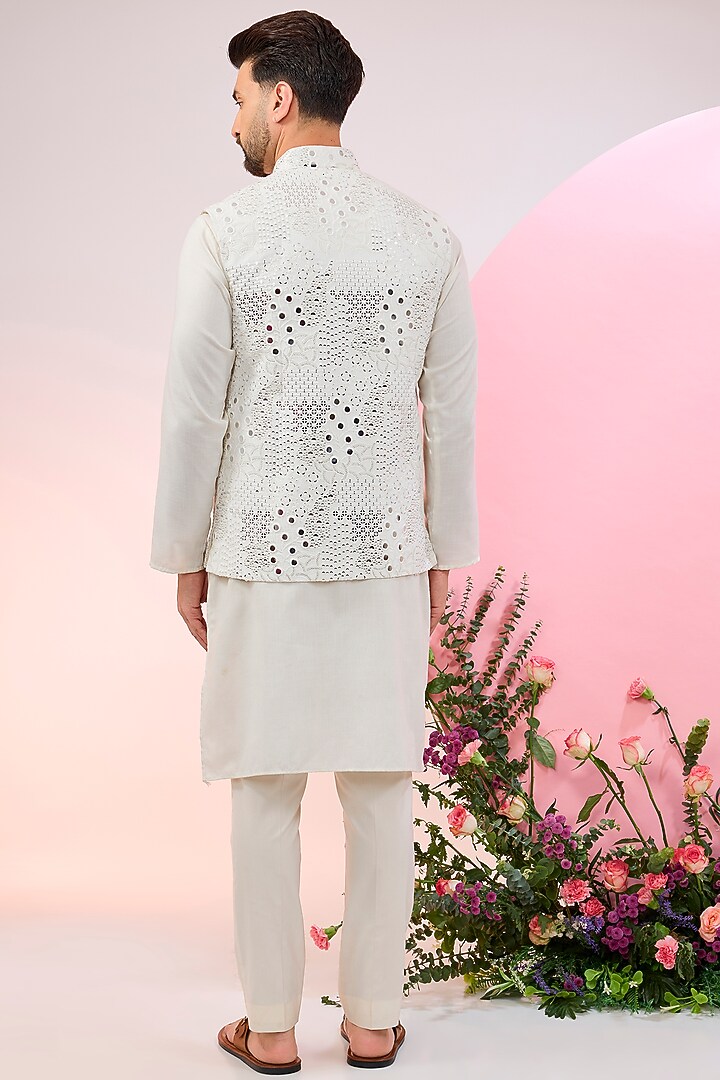 White Silk Mirror Work Nehru Jacket by Kasbah Clothing at Pernia's Pop Up Shop