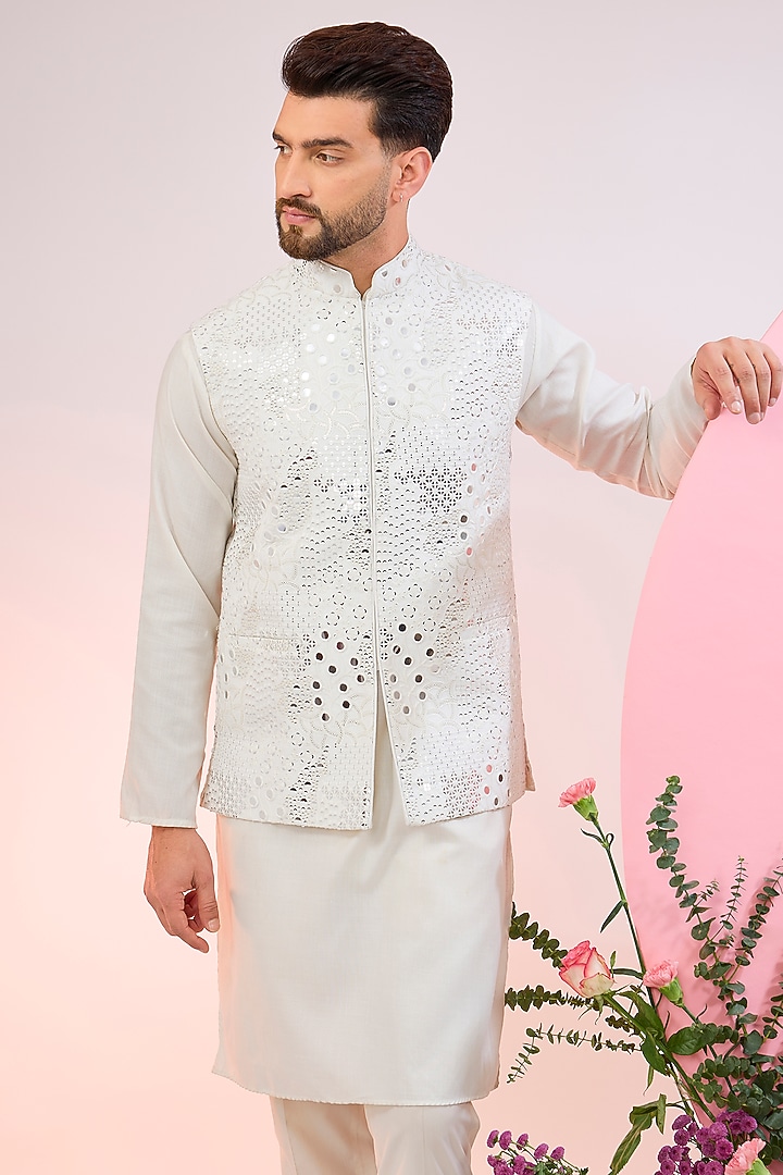 White Silk Mirror Work Nehru Jacket by Kasbah Clothing at Pernia's Pop Up Shop