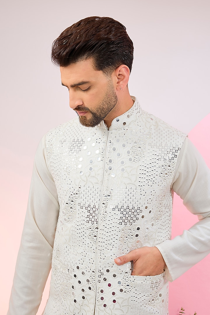 White Silk Mirror Work Nehru Jacket by Kasbah Clothing at Pernia's Pop Up Shop