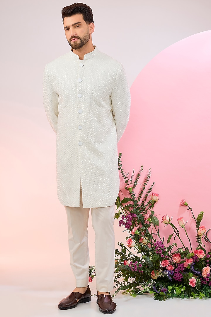 White Velvet Cutdana & Threadwork Indo-Western Jacket by Kasbah Clothing at Pernia's Pop Up Shop
