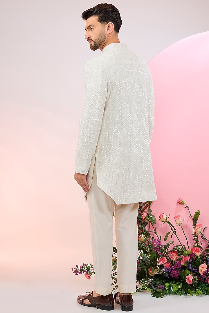 White Velvet Cutdana & Threadwork Indo-Western Jacket by Kasbah Clothing at Pernia's Pop Up Shop