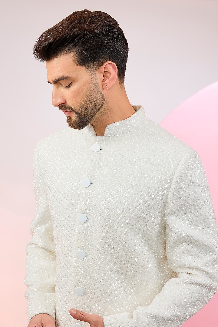 White Velvet Cutdana & Threadwork Indo-Western Jacket by Kasbah Clothing at Pernia's Pop Up Shop