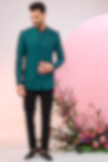 Blue Silk Cutdana Embroidered Bandhgala Jacket by Kasbah Clothing