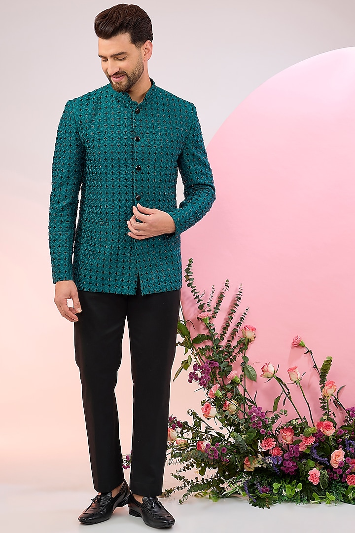 Blue Silk Cutdana Embroidered Bandhgala Jacket by Kasbah Clothing